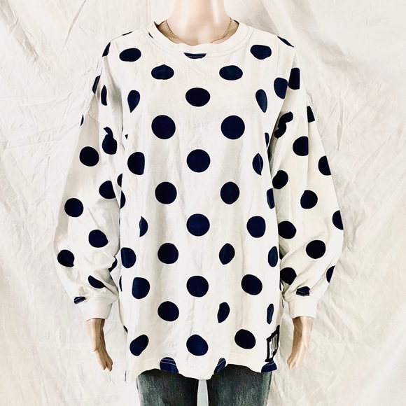 Vintage Bongo Shirt Women size Large Navy PolkaDot Cotton Casual Long Sleeve - Picture 7 of 16